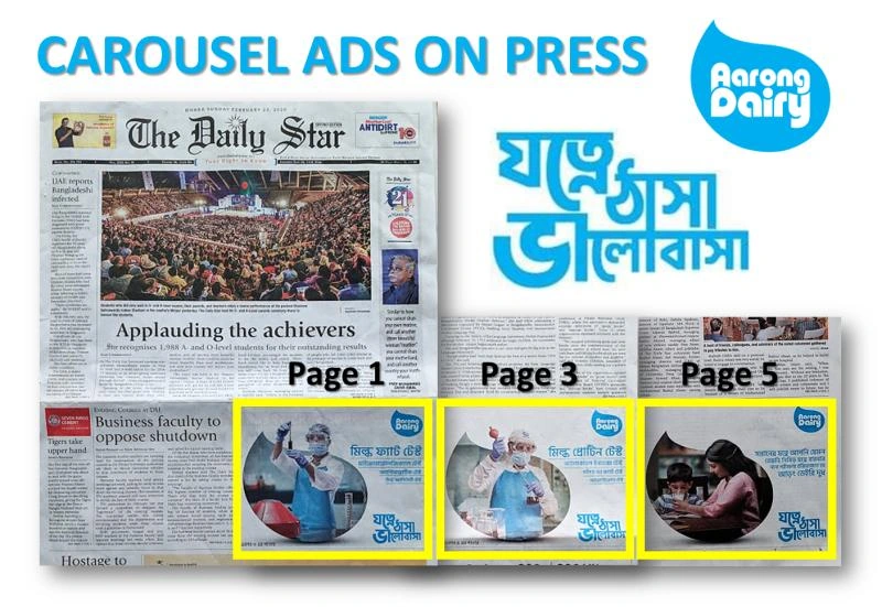 Aarong Dairy Jotne Thasha Valobasha — carousel newspaper ads in The Daily Star, pages 1, 3 and 5