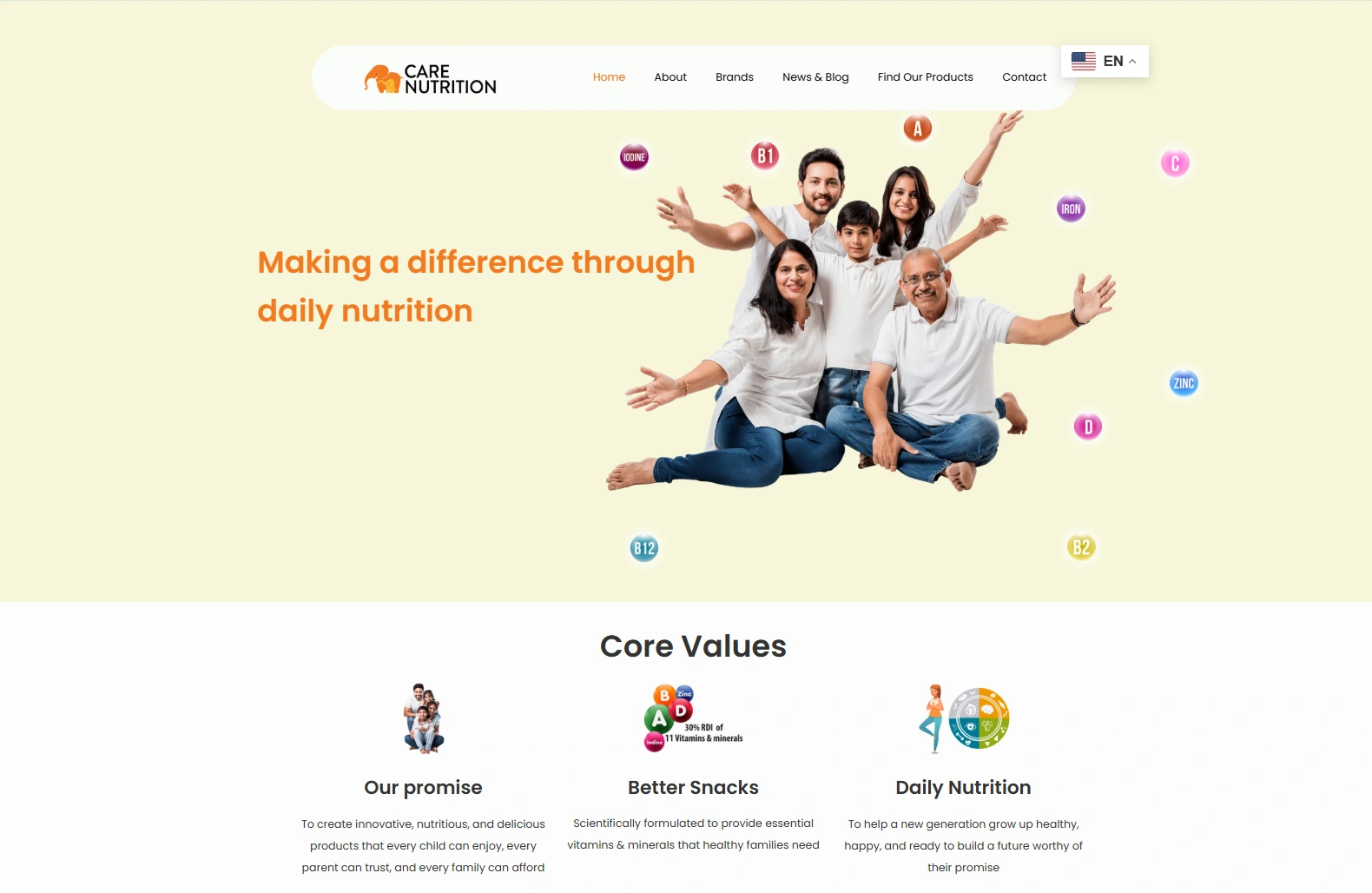 Care Nutrition homepage showing family imagery, daily nutrition messaging and core values