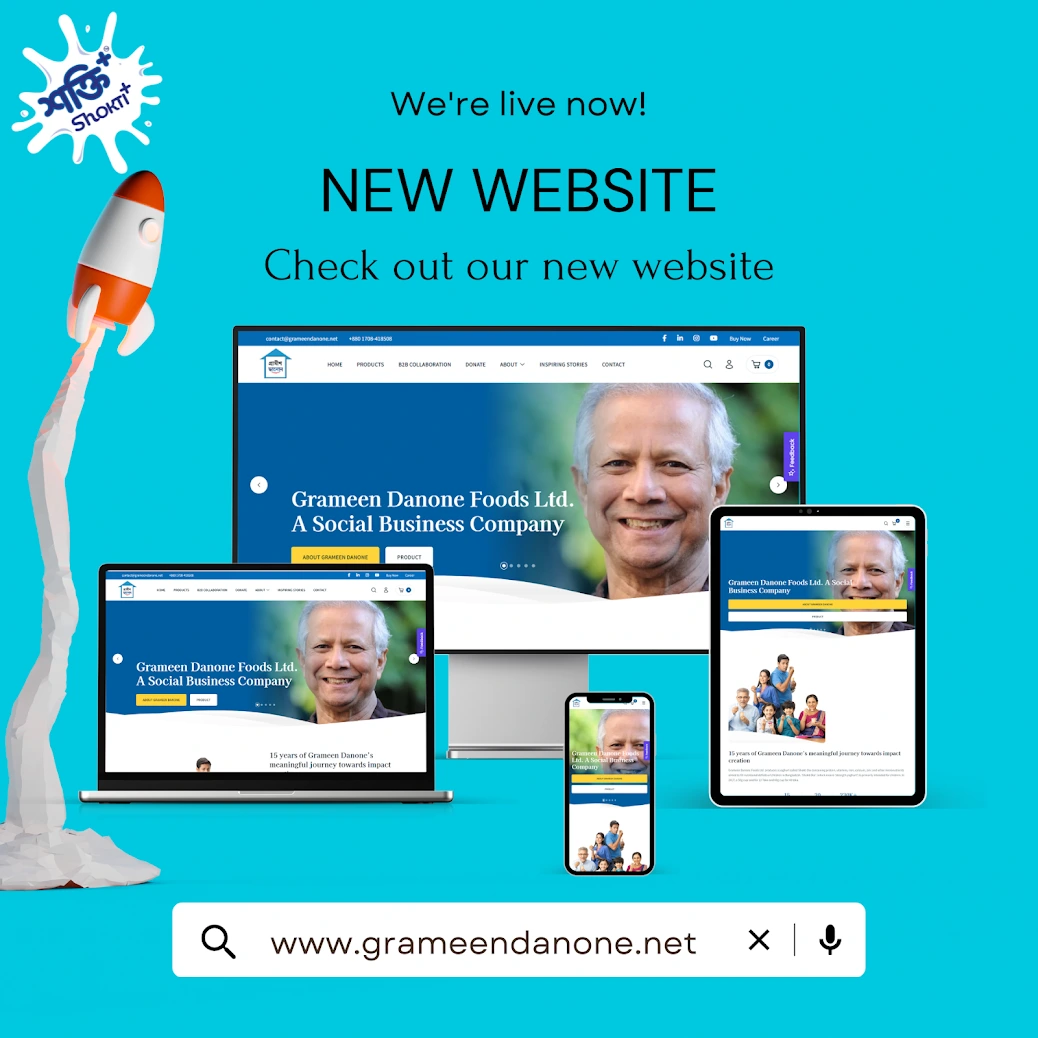 Grameen Danone website launch announcement showing the website across desktop, tablet and mobile